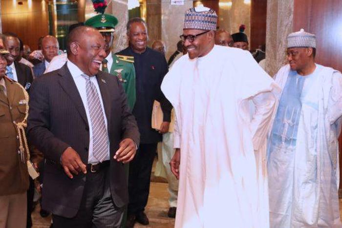 Muhammadu Buhari and South Africa’s President, Cyril Ramaphosa at the Statehouse