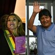 This combination of pictures taken on November 12, 2019 shows deputy Senate speaker Jeanine Anez (L), gesturing after proclaiming herself Bolivia's new interim president, and ex-President Evo Morales waving upon landing in Mexico City