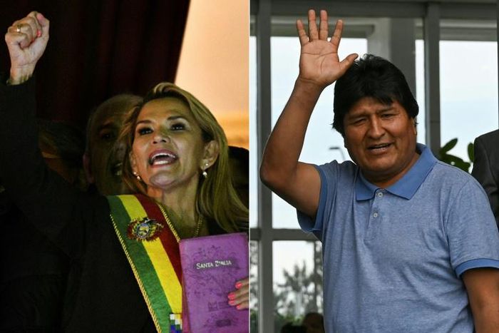 This combination of pictures taken on November 12, 2019 shows deputy Senate speaker Jeanine Anez (L), gesturing after proclaiming herself Bolivia's new interim president, and ex-President Evo Morales waving upon landing in Mexico City