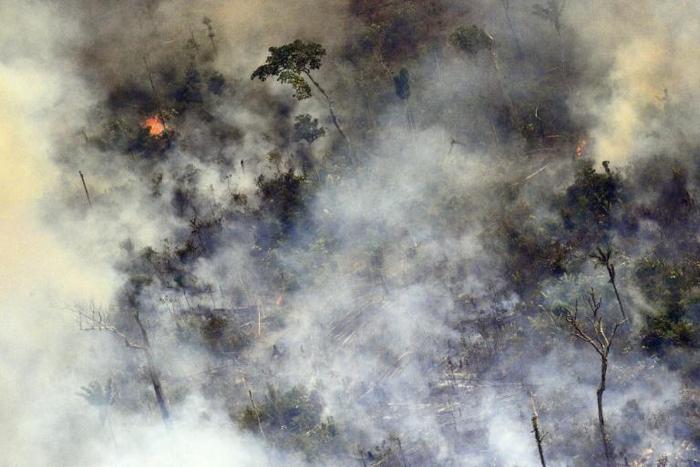 Aerial picture showing smoke from a two-kilometre-long stretch of fire billowing from the Amazon rainforest about 65 km from Porto Velho, in northern Brazil, on August 23, 2019