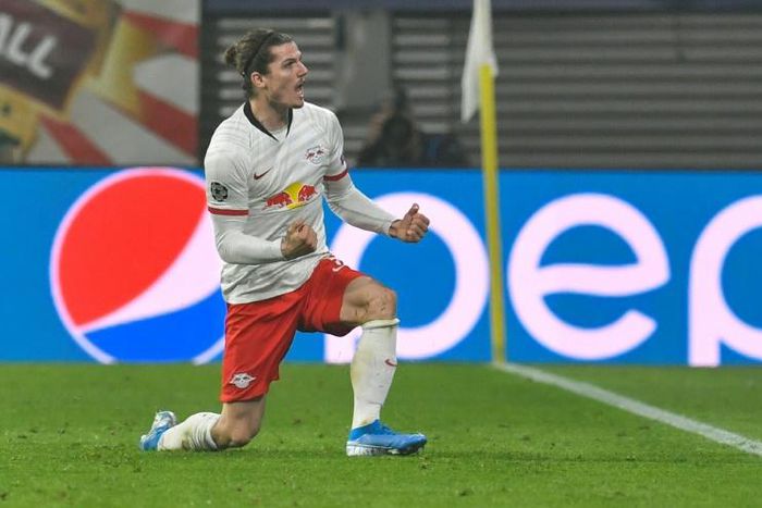 RB Leipzig's Marcel Sabitzer celebrates after scoring the winner in the 2-1 victory over Zenit