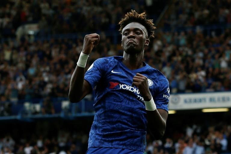 Chelsea's English striker Tammy Abraham celebrates scoring their second goal during the English Premier League football match between Chelsea and Sheffield United at Stamford Bridge in London on August 31, 2019.