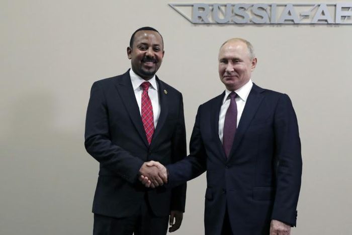 Protests against Abiy Ahmed, this year's Nobel Peace Prize laureate, erupted in Addis Ababa and in Ethiopia's Oromia region after an activist accused security forces of trying to orchestrate an attack against him; pictured October 23 2019 with Russian ...