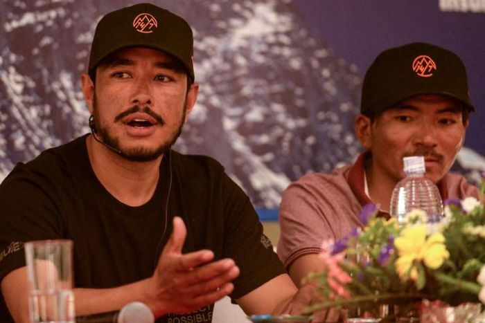 Nirmal Purja (left) and fellow Nepali mountaineer Mingma David Sherpa during a press conference in Kathmandu in early 2019