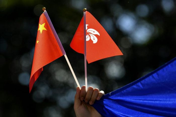 Chinese and Hong Kong flags are waved during a march Sydney
