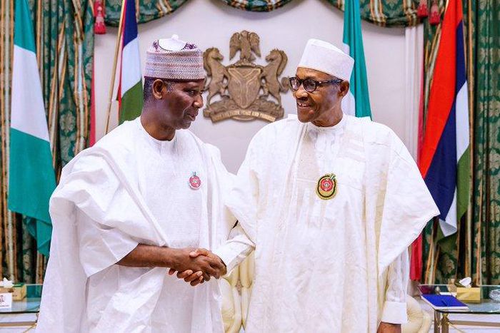 President Muhammadu Buhari receives President of the United Nations General Assembly, Mr. Tijjani Muhammad-Bande today at the Presidential Villa in Abuja. [Twitter/@BashirAhmaad]