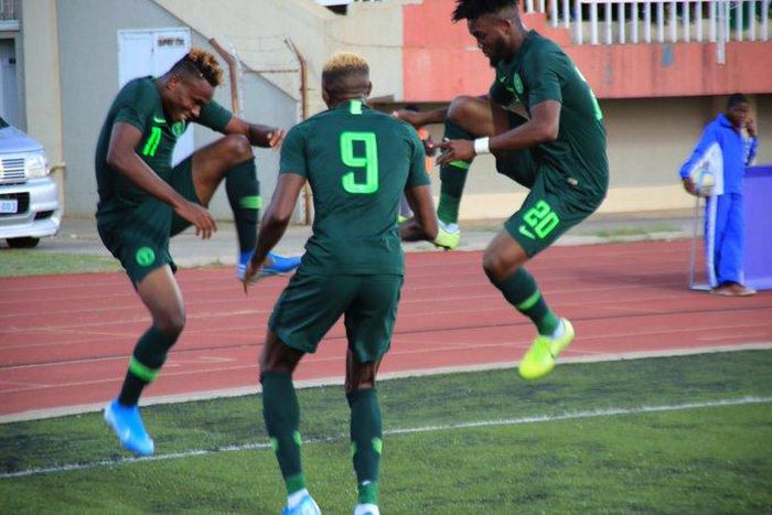 Samuel Chukwueze. Victor Osimhen and Chidozie Awaziem (Twitter/Super Eagles)