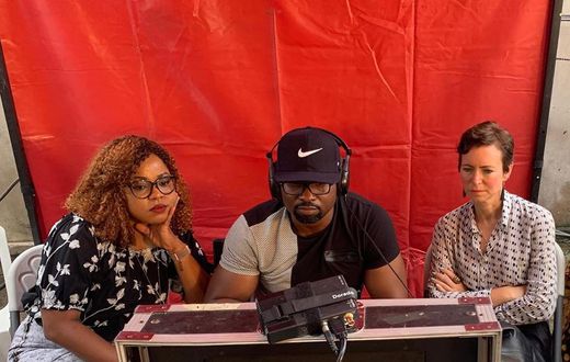 Tope Oshin, Daniel Ademinokan and Georgina Arnold on the set of MTV Shuga Naija Season 4 [Instagram/Tope Oshin]