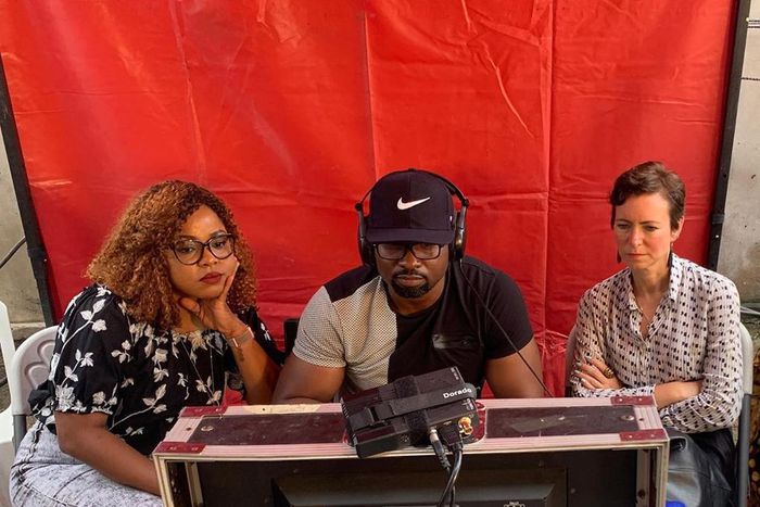 Tope Oshin, Daniel Ademinokan and Georgina Arnold on the set of MTV Shuga Naija Season 4 [Instagram/Tope Oshin]