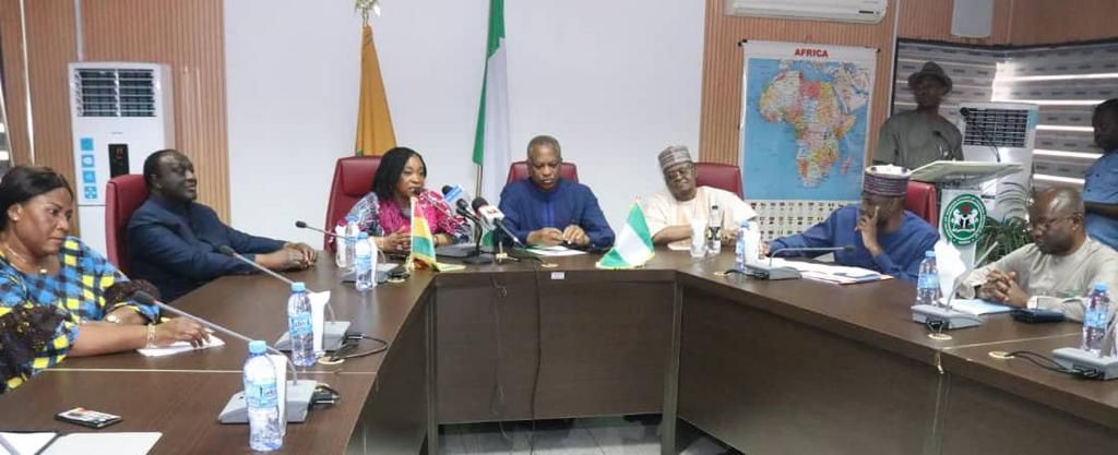 Nigeria's Foreign Affairs Minister, Geoffrey Onyeama flanked by Ghanaian Foreign Affairs Minister, Shirley Botchwey and Ghana's Trade Minister, Alan Kyerematen to the left and Amb. Zubairu Dada, Nigeria's Minister of State, Foreign Affairs in Abuja. [T...