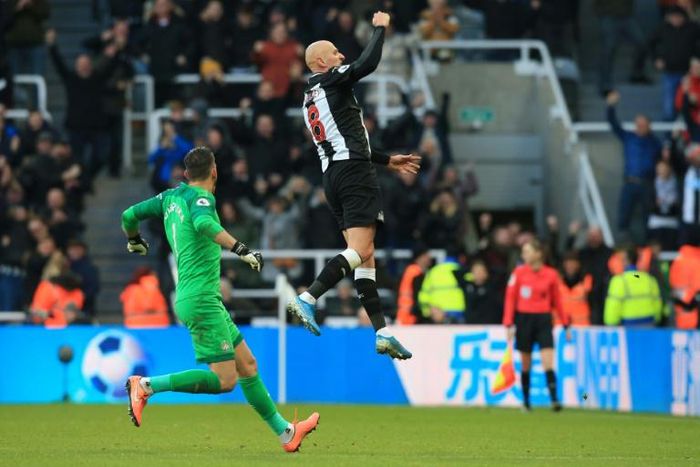 Shelvey stunner: Jonjo Shelvey (right) celebrates his late equaliser for Newcastle against Manchester City