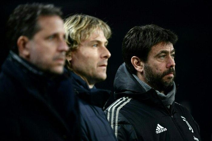 (L-R) Juventus technical director Fabio Paratici, vice-president Pavel Nedved and president Andrea Agnelli.