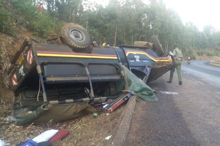 Scene of the accident where 1 prisoner died after Embu Prison vehicle rolled off the road near Thuci River. 8 inmates and 7 warders seriously injured