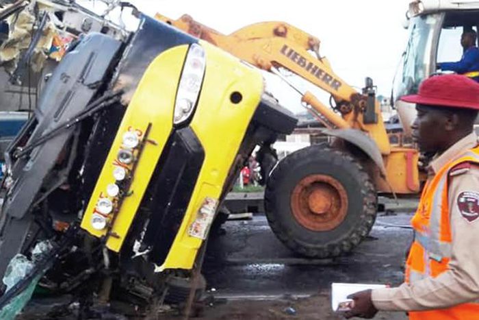 A FRSC personnel at the scene of an accident involving a tanker (Punch)