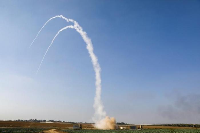 An Israeli missile is launched from the Iron Dome defence missile system, designed to intercept and destroy incoming short-range rockets and artillery shells