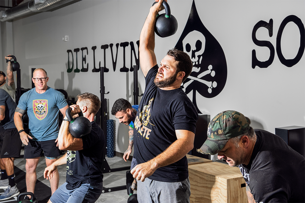 <strong>THE SOFLETE CREW</strong> training at their HQ in Durham, North Carolina. From left: Ryan Peters, Christian Hines, James Ramsey, Hueske, and Kiesewetter.