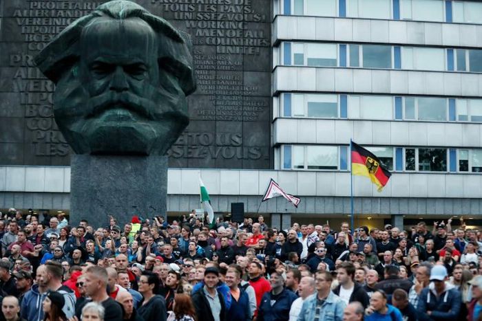 Thousands protested in front of the giant bust of Karl Marx last year after a foreigner stabbed and killed a German national