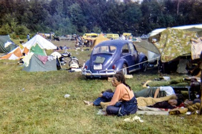 People at a campground of the 1969 Woodstock Music Festival, which this year marks its 50th anniversary