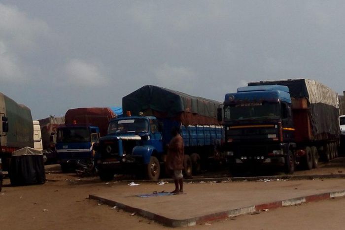 Trucks with goods parked at Seme border post, Lagos State (NAN)