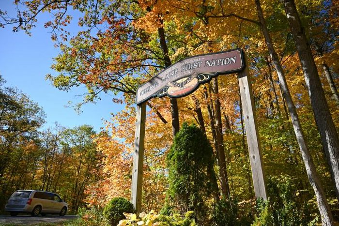 A sign marks the beginning of the Curve Lake First Nation territory in Curve Lake, Canada