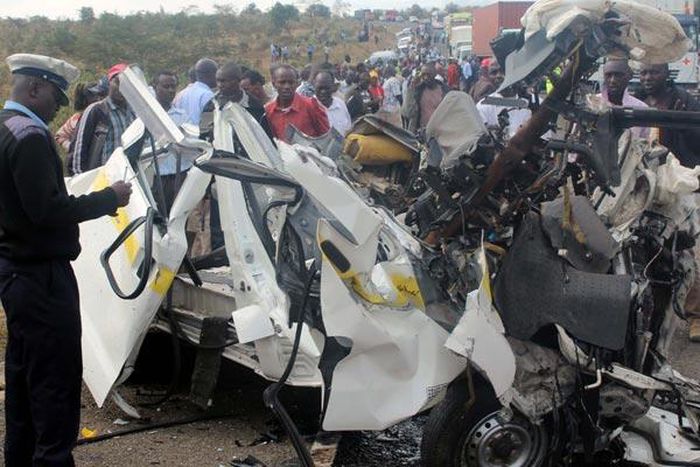 Wreckage of a vehicle involved in a past accident along the Mai Mahiu- Narok