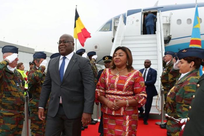 Democratic Republic of Congo's President Felix Tshisekedi and his wife Denise arrive for an official visit in Belgium at the Melsbroek military airport.