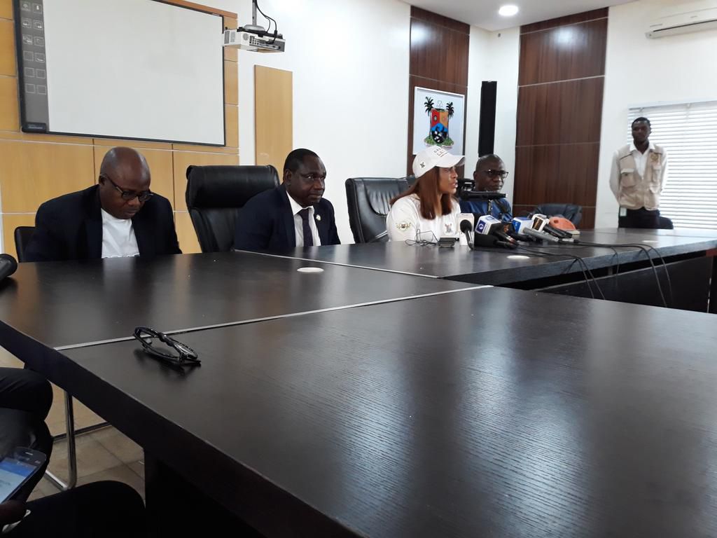 From Left to Right--Information Commissioner Omotoso, Tourism Commissioner Adebolu and Sanwo-Olu's spokesperson Fafore at the press briefing to herald the Greater Lagos 2019 fiesta on Monday, December 23, 2019 in Alausa (Pulse)