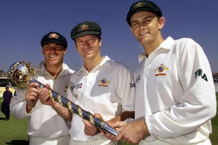 Shane Warne, on the left, wearing his 'baggy green' in 2001
