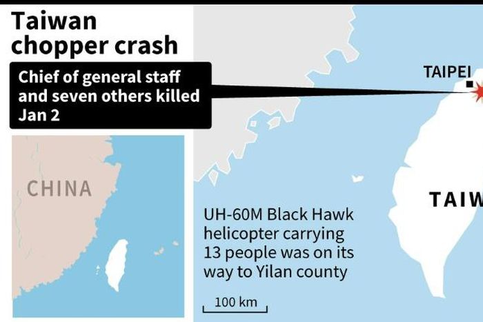Map of Taiwan, showing the approximate area where a top military officer died during a helicopter crash landing.