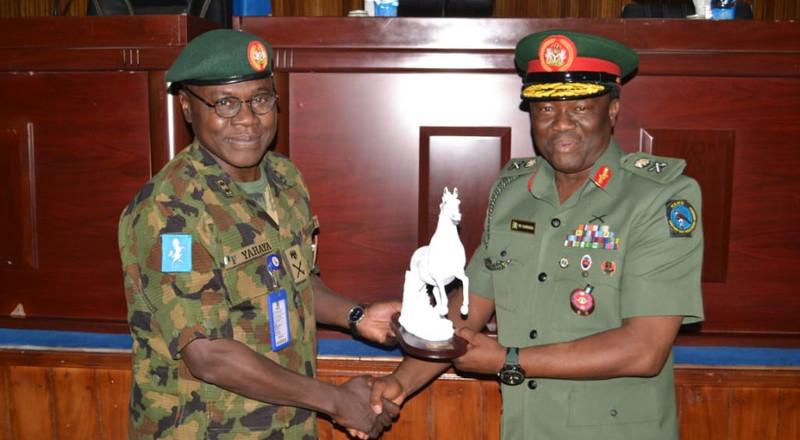 From the Right: The Commander, Nigerian Army Women Corps, Maj-Gen. Preye Fakrogha and Maj-Gen. Faruk Yahaya, GOC, 1 Division, Nigerian Army, Kaduna, during the visit … on Thursday in Kaduna. [NAN]
