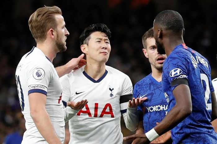 Red card woe - Tottenham Hotspur's Son Heung-Min (C) reacts beside Chelsea defender Antonio Rudiger (R) as he's sent off on Sunday