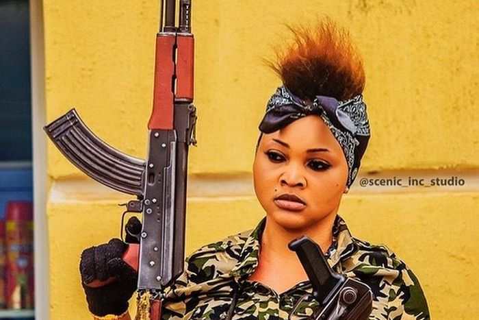 Mercy Aigbe takes on the role of an armed bandit on the new film, '77 Bullets' [Instagram/mercilicious]