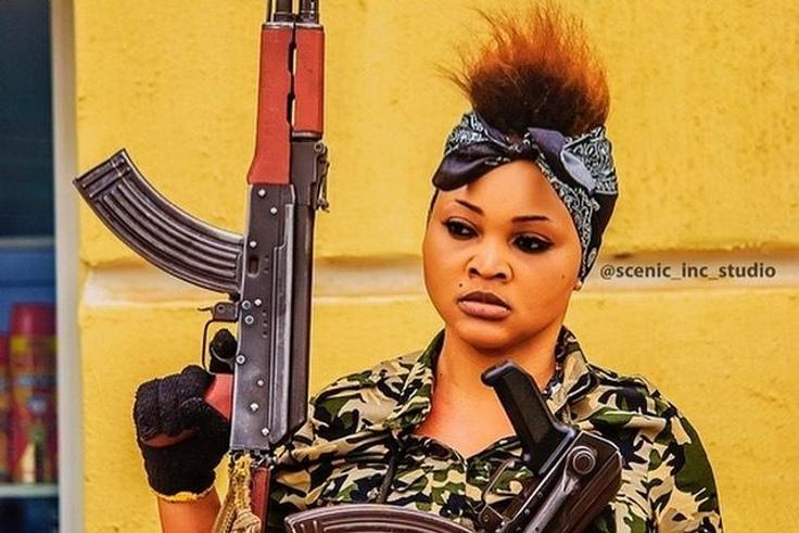 Mercy Aigbe takes on the role of an armed bandit on the new film, '77 Bullets' [Instagram/mercilicious]