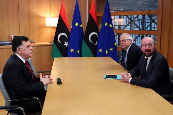 Libyan Prime Minister Fayez Al-Sarraj met with European Council President Charles Michel (R) and EU foreign policy chief Josep Borrell (C) with Borrell warning Libya is facing a "watershed point"