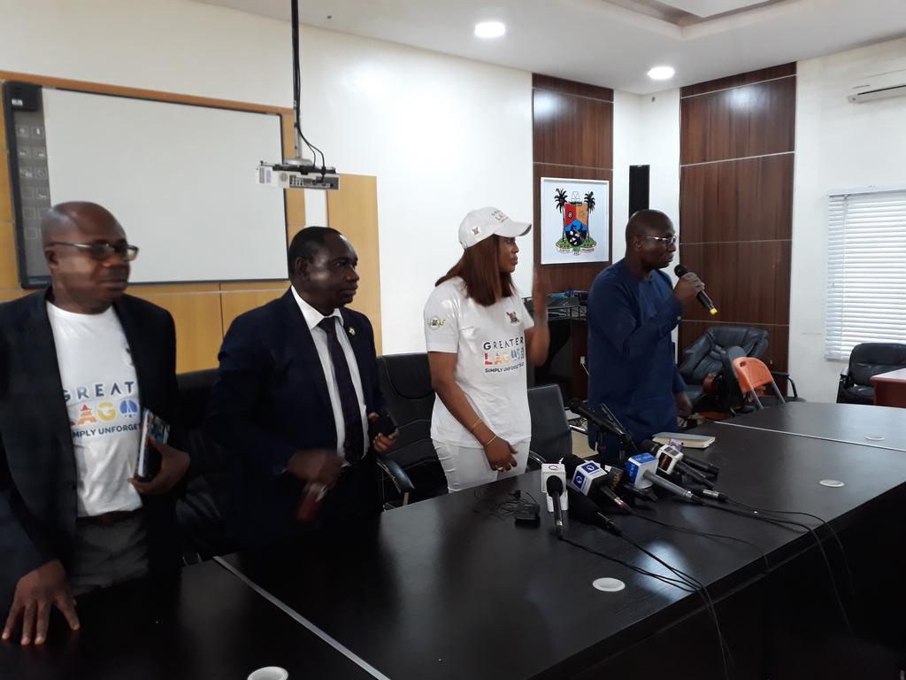From Left to Right--Information Commissioner Omotoso, Tourism Commissioner Adebolu and Sanwo-Olu's spokesperson Fafore at the press briefing to herald the Greater Lagos 2019 fiesta on Monday, December 23, 2019 in Alausa (Pulse)