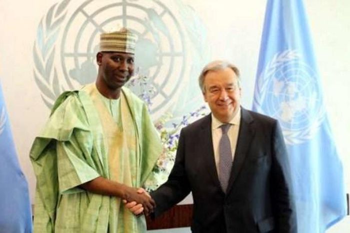 UN Secretray General Antonio Guterres (right) in a handshake with the President of the UN General Assembly, Prof. Tijjani Muhammad-Bande.