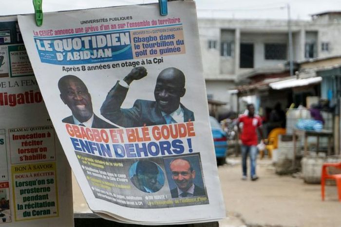 Newspaper in Abidjan close to the FPI party founded by former president Laurent Gbagbo, reading "Gbagbo and Ble Goude finally out!" a day after the ICC freed Gbagbo and his aide Charles Ble Goude