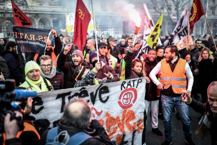 A demonstration by rail workers and employees of Paris' RATP public transport operator near the Gare de l'Est train station was part of a nationwide multi-sector strike against the French government's pensions overhaul.
