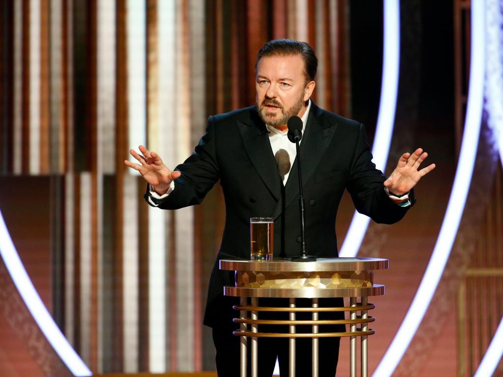 This image released by NBC shows host Ricky Gervais speaking at the 77th Annual Golden Globe Awards at the Beverly Hilton Hotel in Beverly Hills, Calif., on Sunday, Jan. 5, 2020. (Paul Drinkwater/NBC via AP)