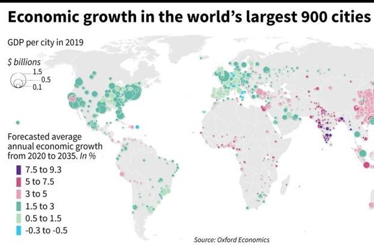 Forecast economic growth from 2020 to 2035 in the world's 900 largest cities.