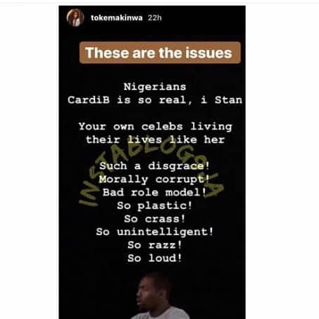 So Toke Makinwa had taken to her Instagram stories on Sunday, December 8, 2019, to react to Cardi B's visit to Nigeria and how she has been received. [Instagram/YomiBlack]