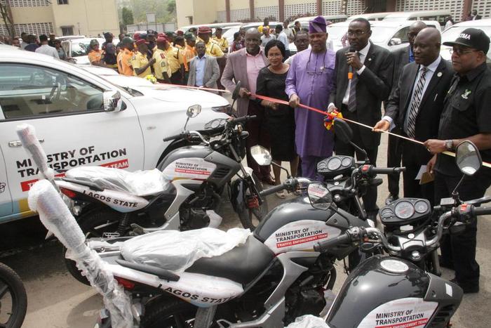 Third From Right, The Commissioner for Transportation, Dr Frederic Oladeinde at handover of 10 brand new patrol vehicles and 26 motorbikes to the Traffic Enforcement Team on Wednesday at the Ministry of Transportation, in Alausa, Ikeja (NAN)