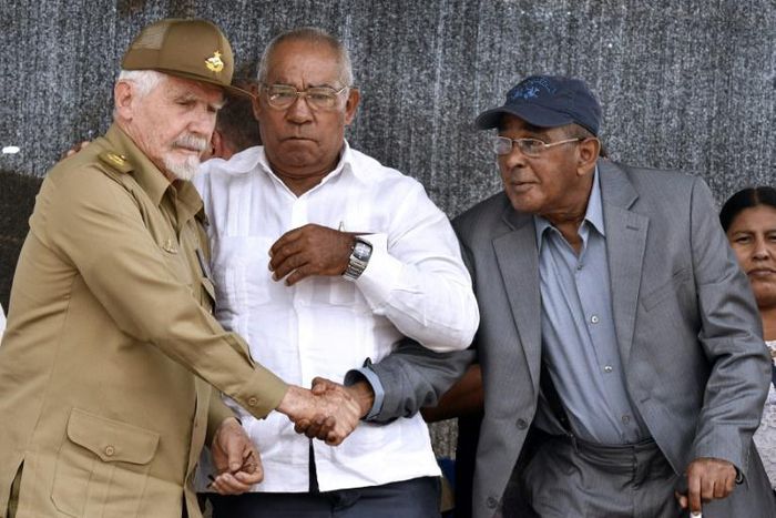 Harry "Pombo" Villegas (right) is pictured in October 2017 during a ceremony to commemorate the 50th anniversary of Che Guevara's death, in Vallegrande municipality, southern Bolivia