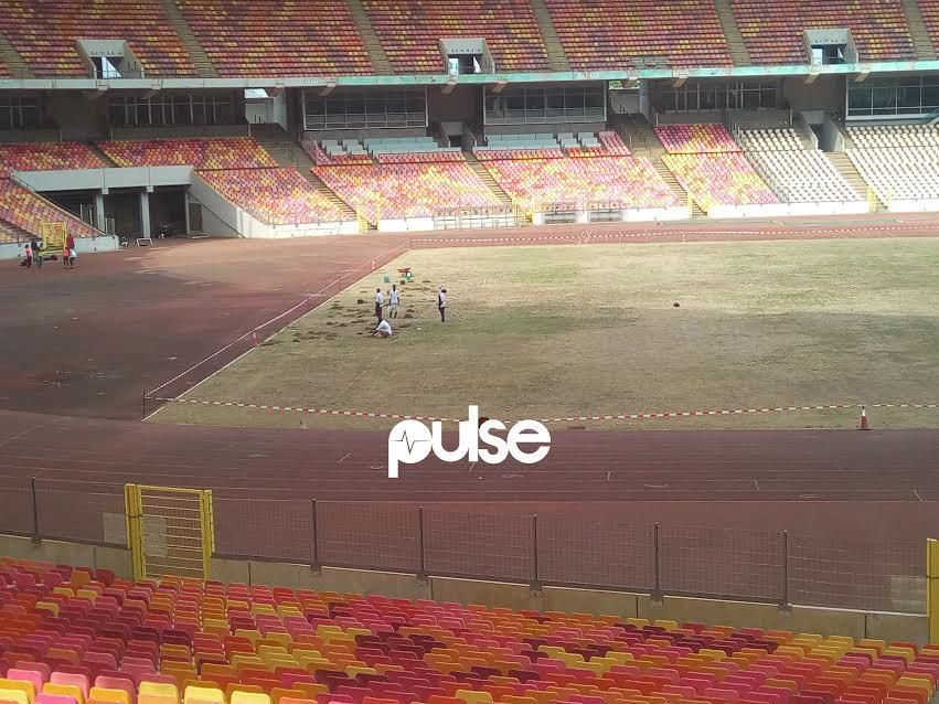 The football pitch at the Abuja National Stadium in a sorry state
