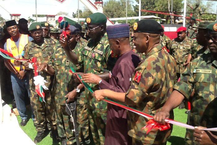 Lt.-Gen. Tukur Buratai, Chief of Army Staff commissioning one of the projects at the Depot Nigerian Army, Zaria, Kaduna State on Saturday (NAN)