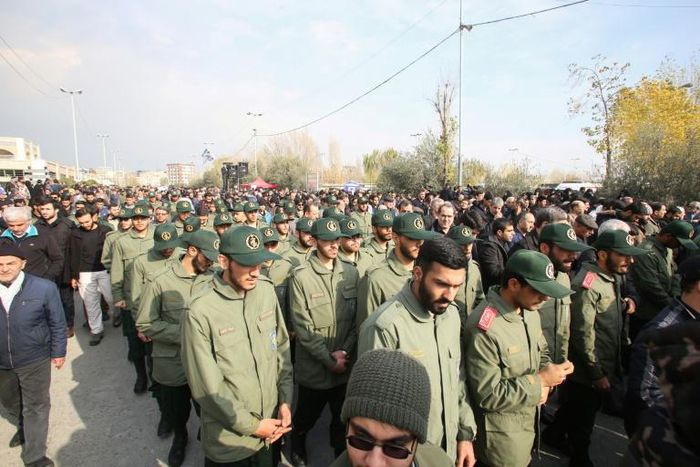 Members of Iran's Islamic Revolutionary Guard Corps (IRGC) take part in a demonstration against American "crimes" in Tehran on January 3, 2020 following the killing of Iranian Revolutionary Guards Major General Qasem Soleimani in a US strike