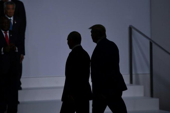 Russian President Vladimir Putin has thanked US President Donald Trump for intelligence that helped foil the attack; pictured are Trump and Putin at the G20 Summit in Osaka on June 28, 2019