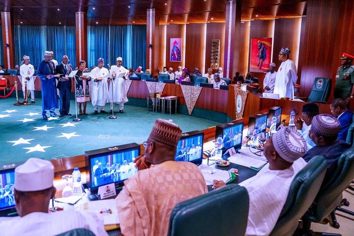 President Muhammadu Buhari swears-in Ngige’s wife, eight others as Permanent Secretaries. [Twitter/@NigeriaGov]