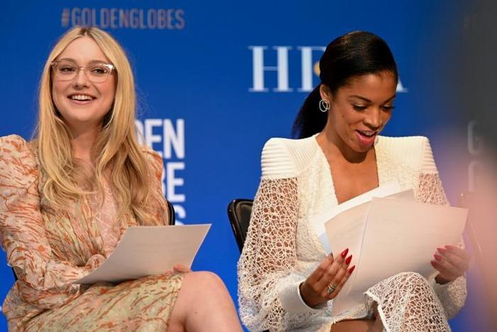 Actress Dakota Fanning (L) and Susan Kelechi Watson attend the 77th Annual Golden Globe Awards nominations announcement at the Beverly Hilton hotel in Beverly Hills on December 9, 2019