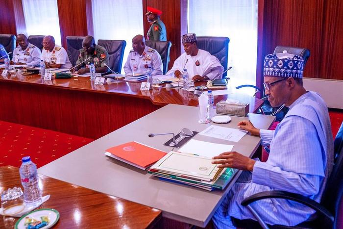 President Muhammadu Buhari holds meeting with Security Chiefs. [Twitter/@NGRPresident]